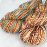 two skeins of variegated brown. One with orange and one with orange and teal.